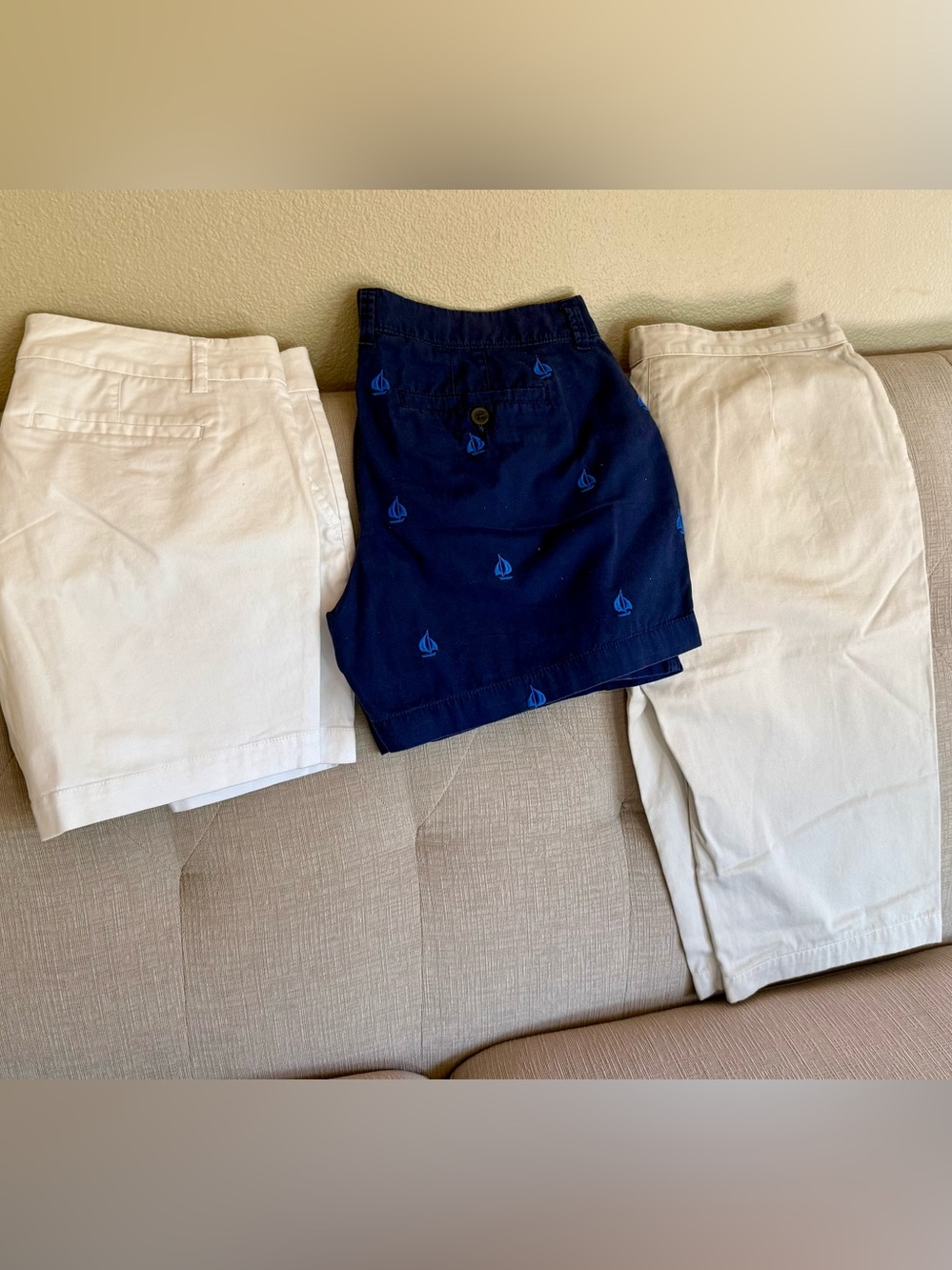 3 shorts; size 10 & 10p in cream, white & navy with embroidered